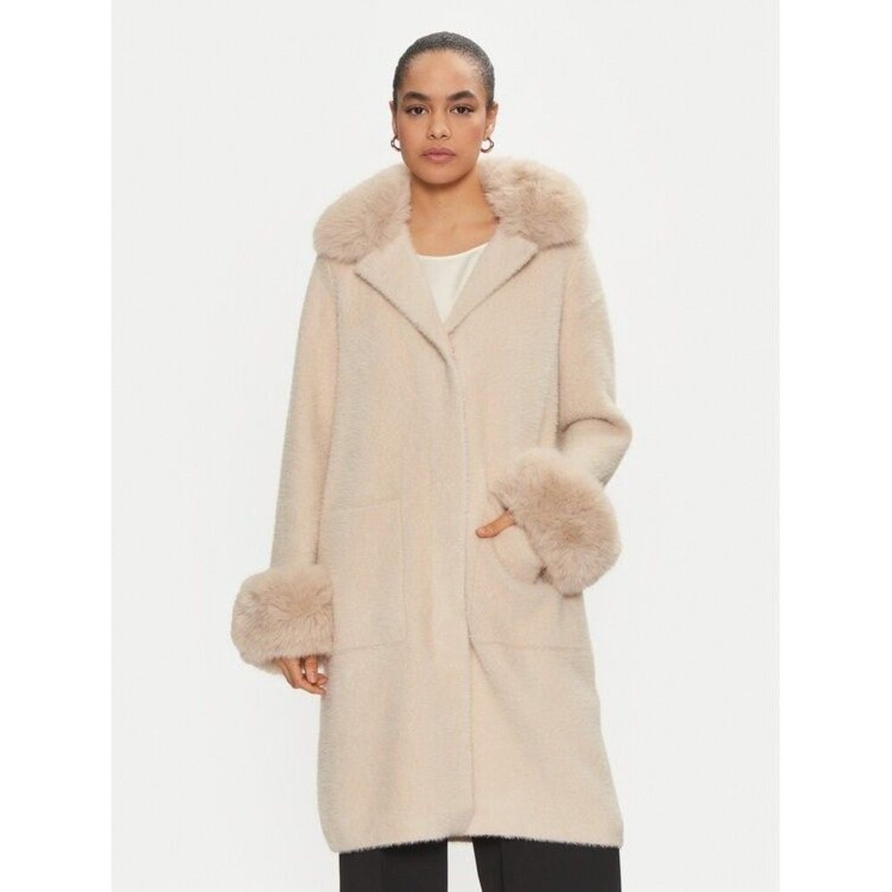 Joseph Ribkoff NWT Pink Feather Knit Removable Faux Fur Long Jacket Medium